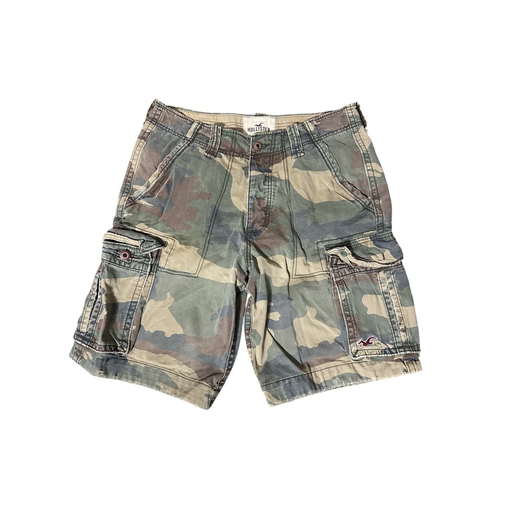 Hollister Mens Camo Cargo Shorts 32 Green Brown Woodland Camouflage Distressed